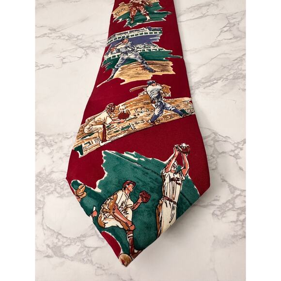 Vintage Imported Silk Baseball Tie Made USA Red Burgundy Maroon Batter Catcher - Picture 7 of 7